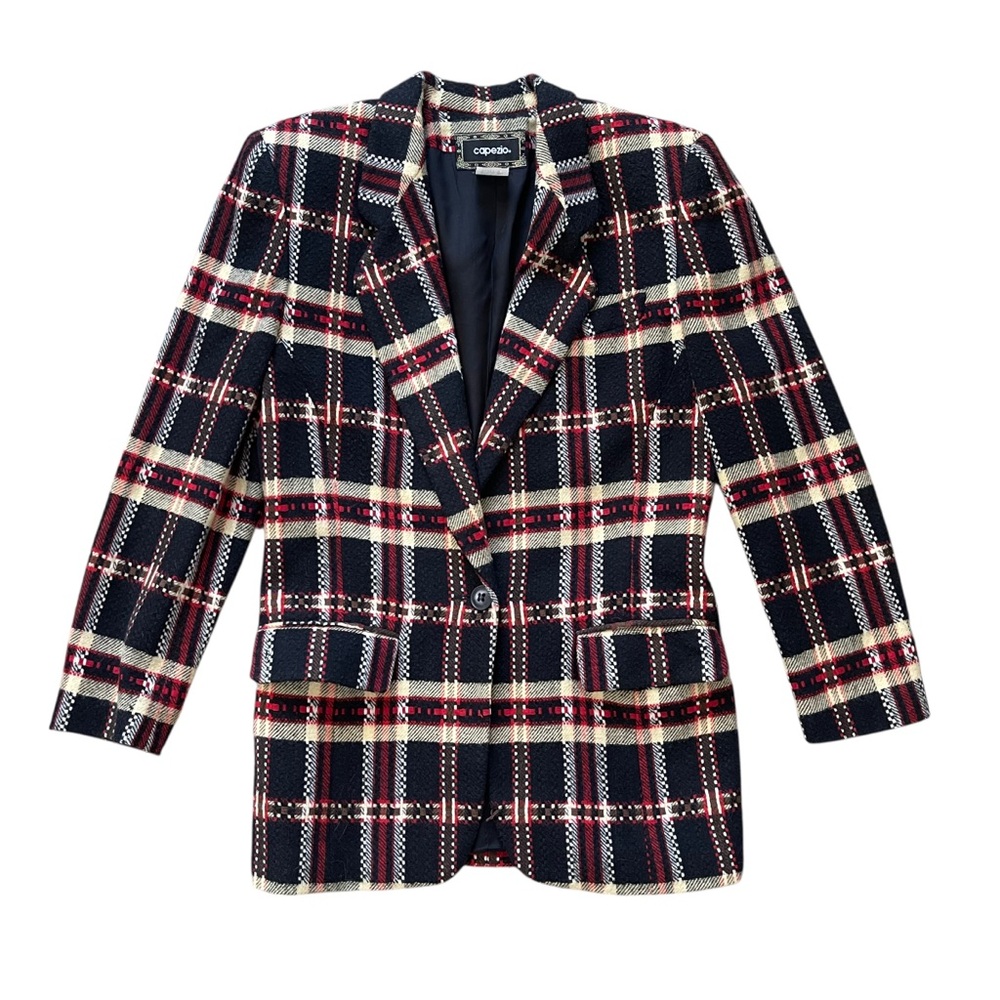 🖤 Vintage Capezio Plaid Wool Blazer Black Red Tan Single Button Size 8